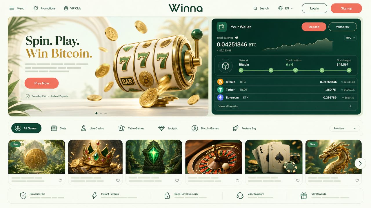 Winna Bitcoin casino homepage with game tiles and a wallet panel