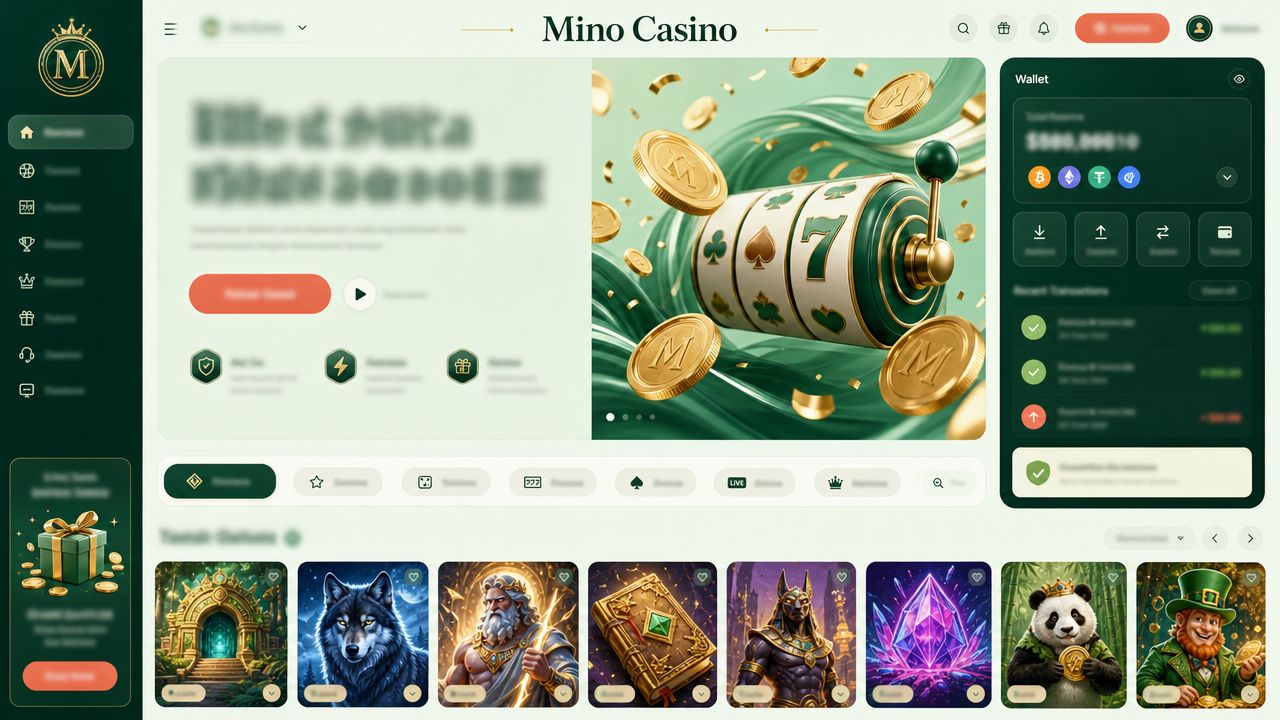 Mino Casino homepage with game tiles and a Bitcoin wallet widget