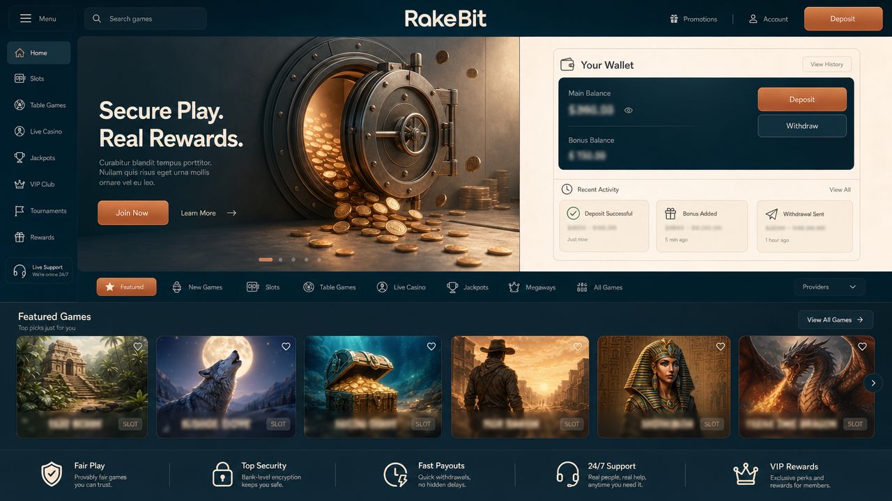 RakeBit Bitcoin casino homepage with game tiles and a wallet cashier panel