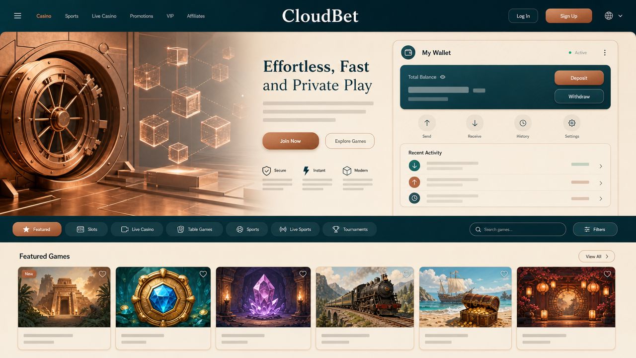 Cloudbet Bitcoin casino homepage with game tiles and a wallet panel