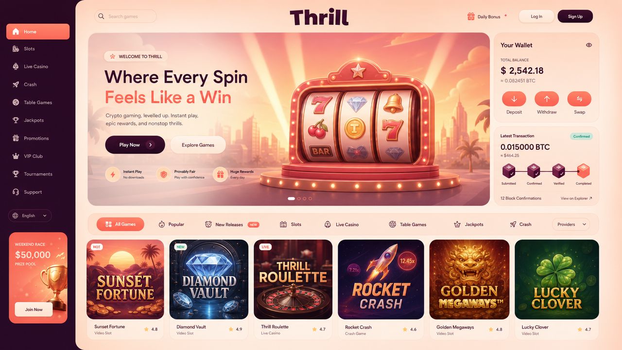 Thrill Bitcoin casino homepage with coral game-show hero and wallet widget