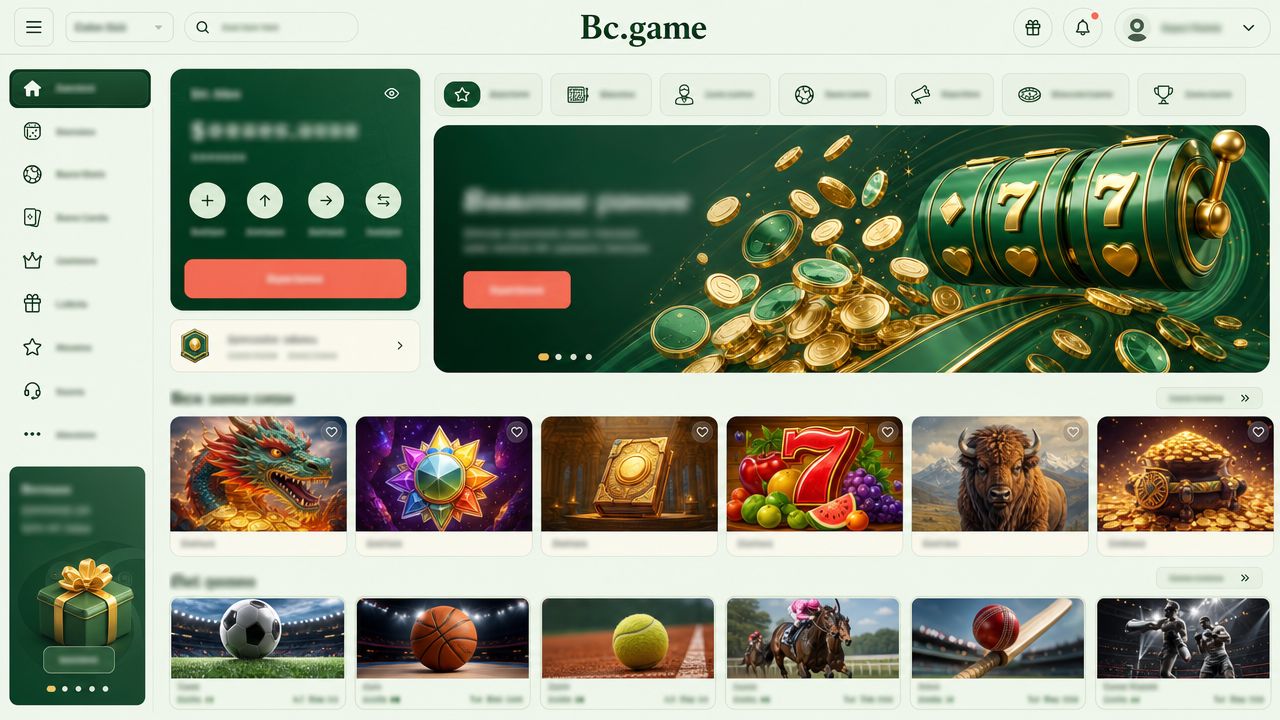 Bc.game Bitcoin casino homepage with wallet widget, game categories and slot and sports tiles