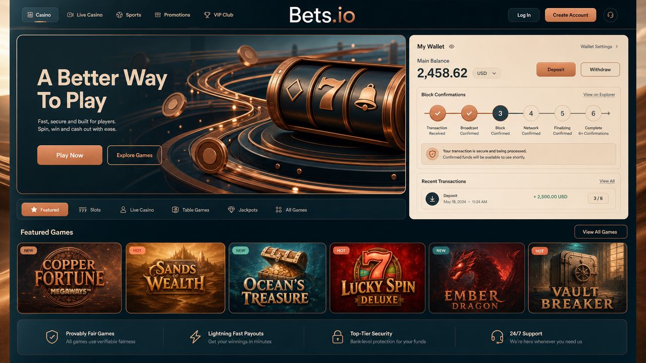 Bets.io Bitcoin casino homepage with wallet widget and game tiles