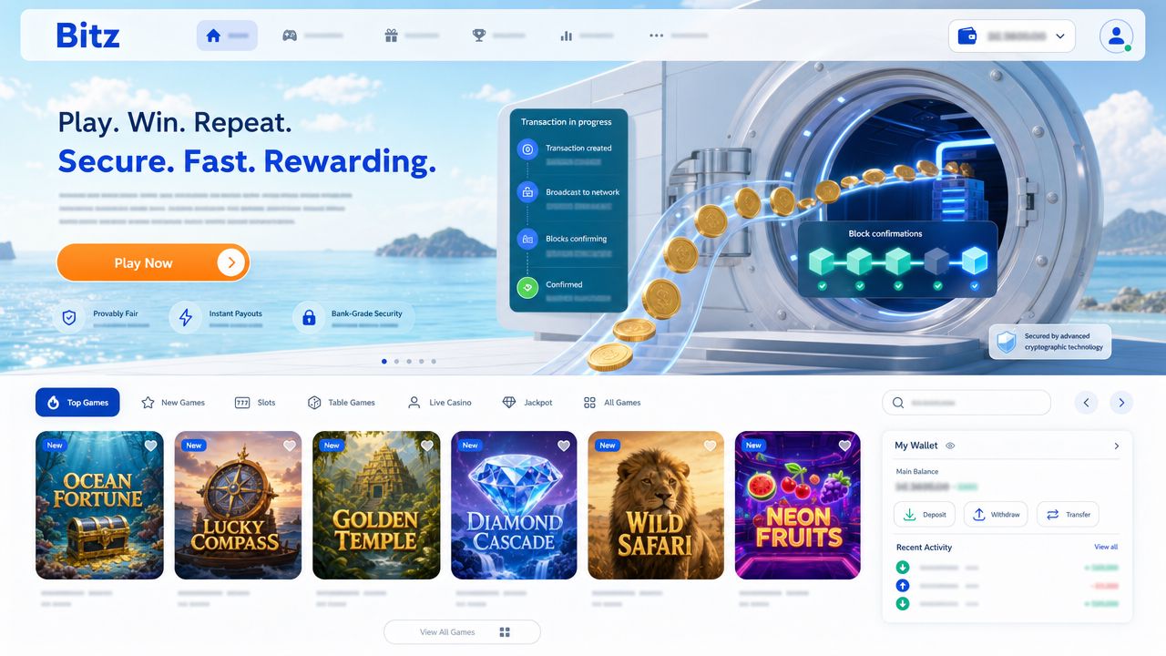 Bitz Bitcoin casino homepage with wallet widget, category tabs and slot tiles