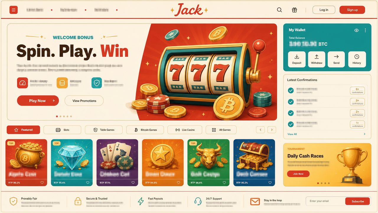 Jack casino homepage screenshot showing game tiles and a wallet widget