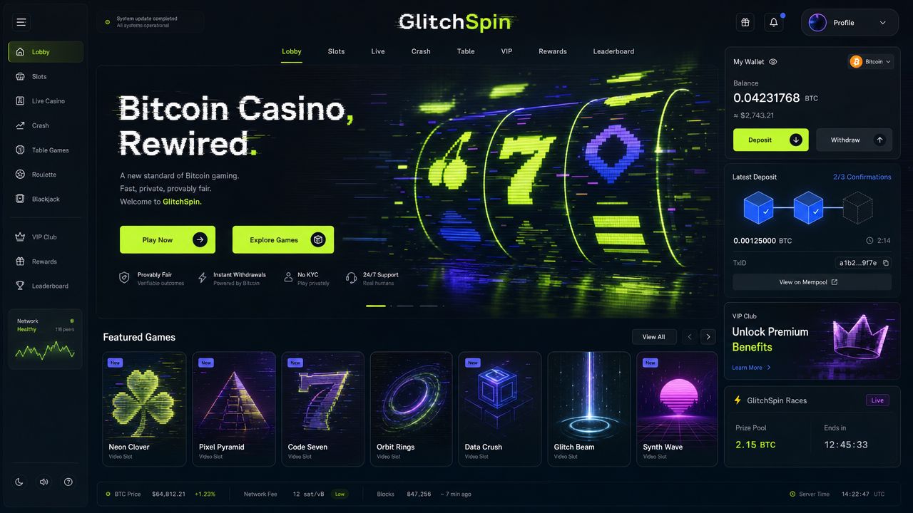 GlitchSpin casino desktop interface with electric lime and charcoal colour scheme showing slot game tiles and wallet widget