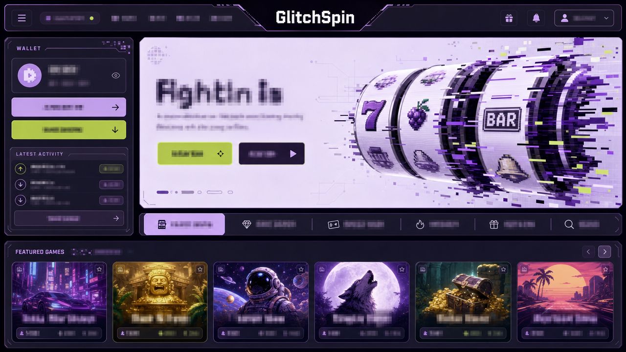GlitchSpin Bitcoin casino homepage with a lavender interface and glitch-style slot reels