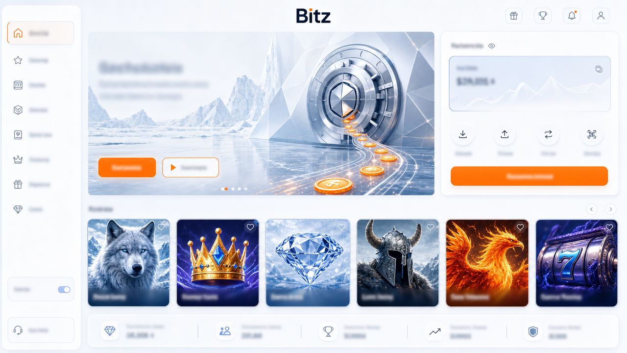 Bitz casino desktop homepage with ice-blue and white interface, orange call-to-action buttons, and slot game tiles
