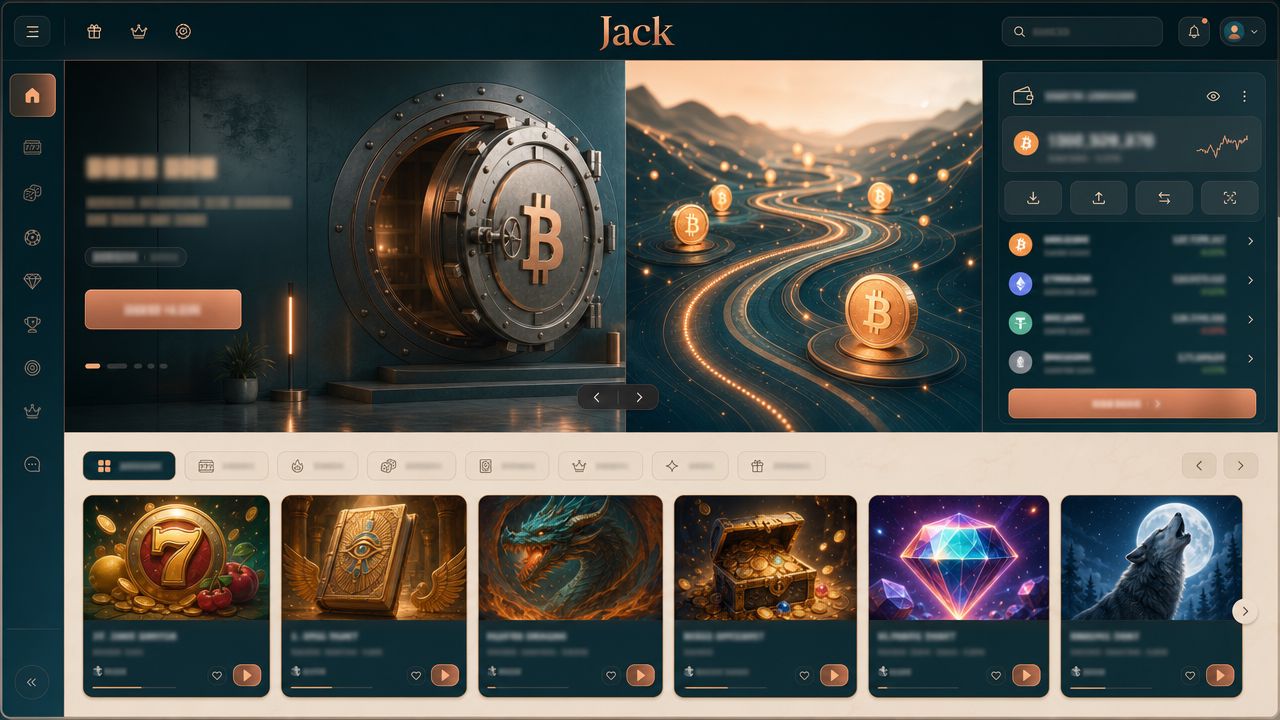 Homepage screenshot of the Jack online casino with game tiles and a wallet panel