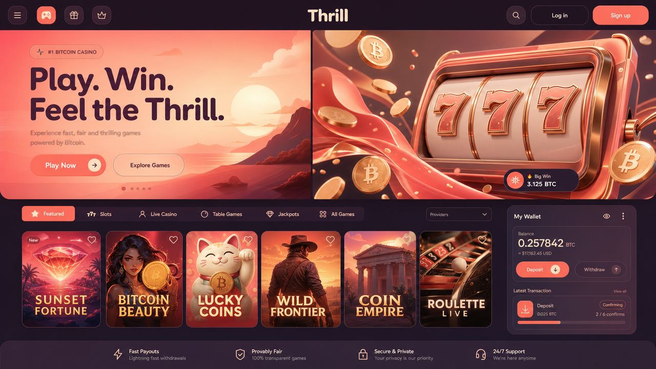 Thrill casino homepage with a coral colour scheme, slot reels, game tiles and a wallet widget
