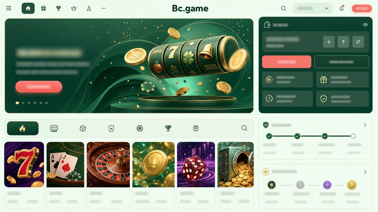 Bc.game casino homepage with game tiles, a wallet panel and a slot reel banner