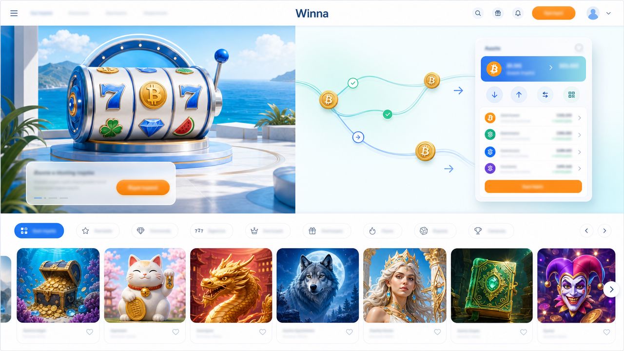 Illustrative Winna casino homepage with slot tiles, category tabs and a wallet widget