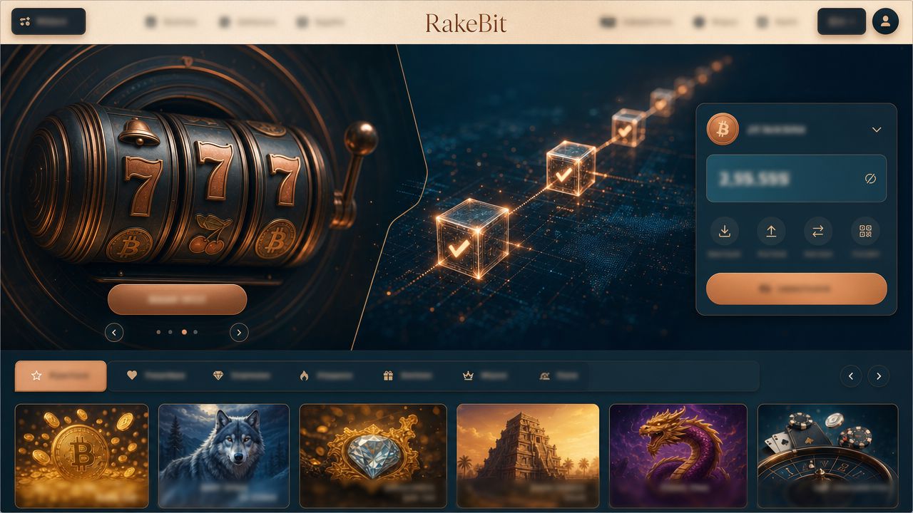 Rakebit Bitcoin casino homepage with game tiles and wallet widget