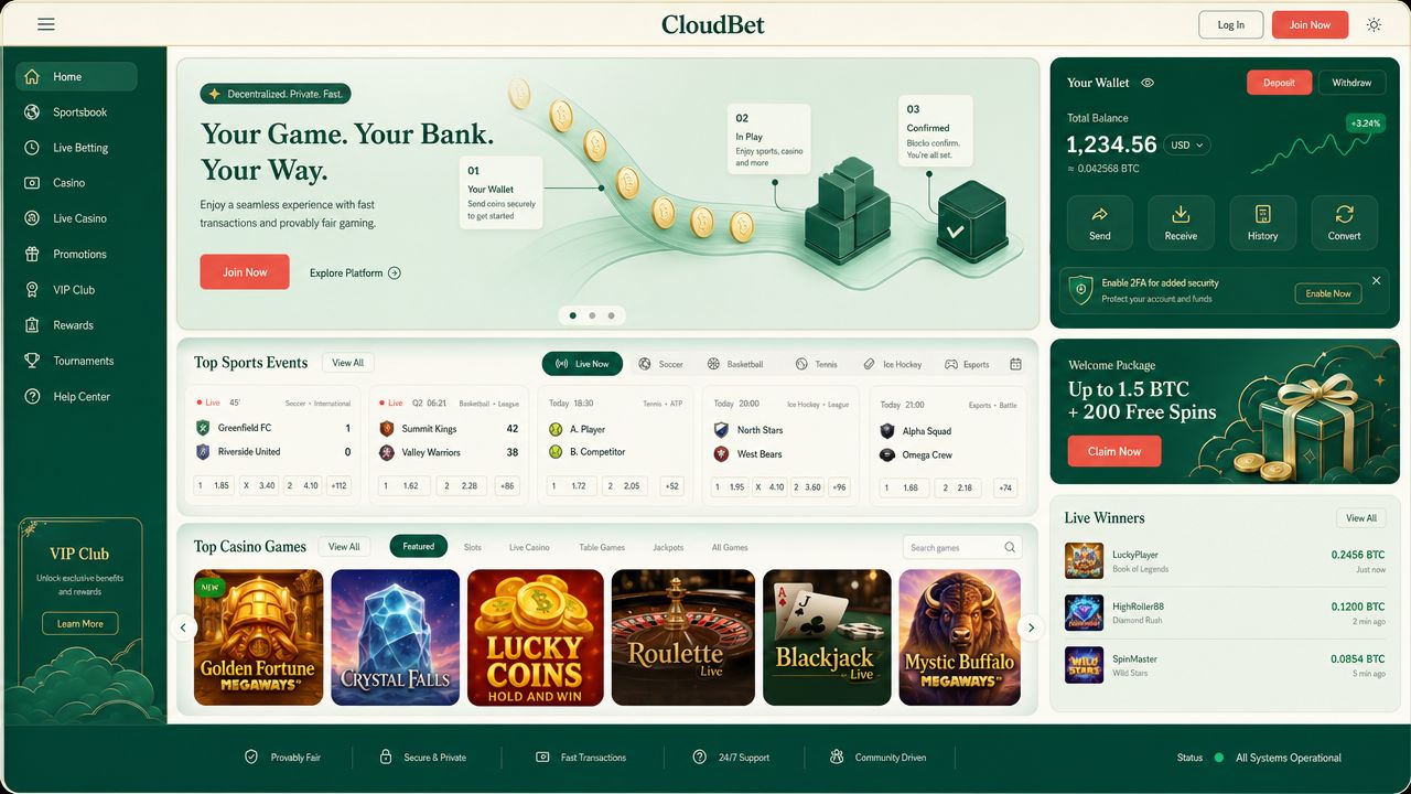 Cloudbet Bitcoin casino homepage with wallet widget, match cards and game tiles