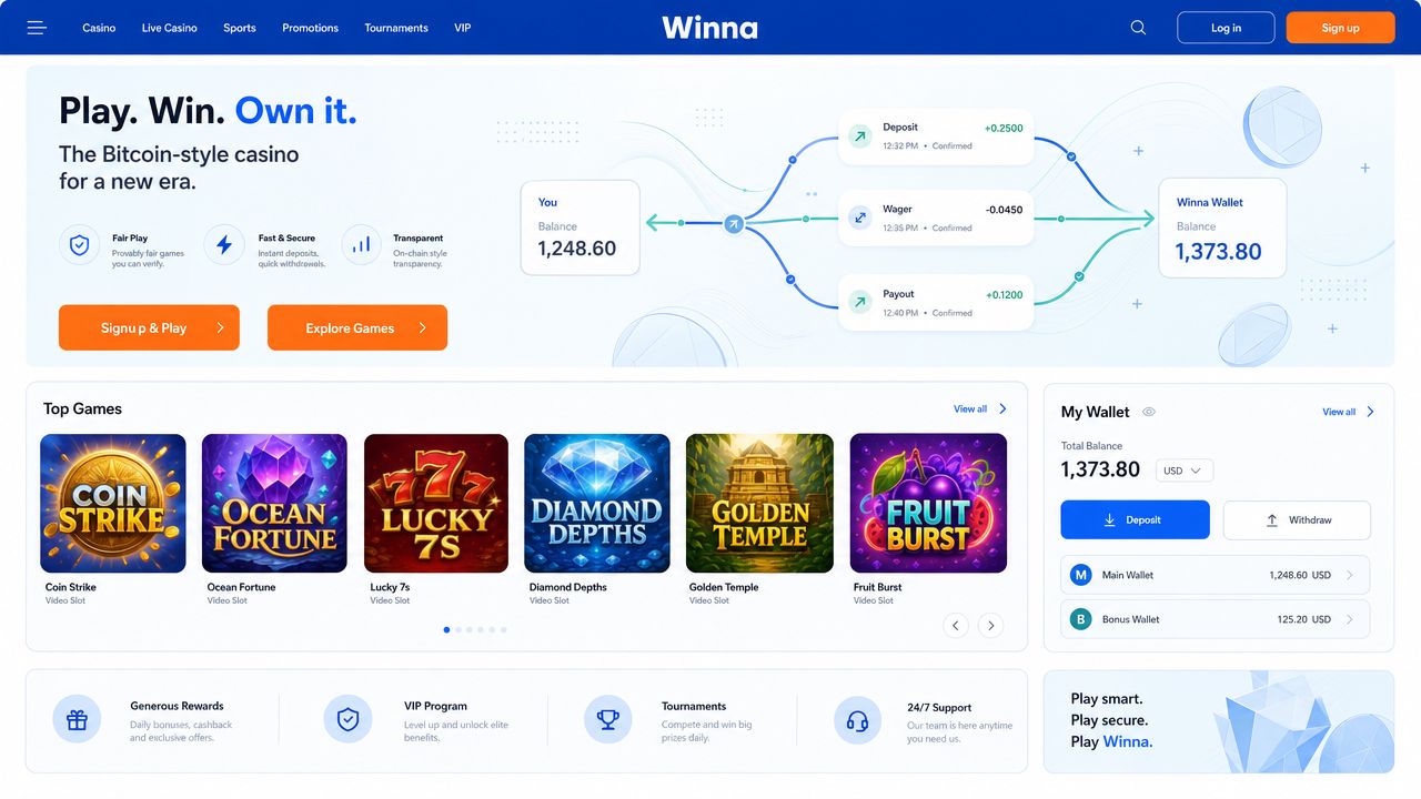 Winna casino desktop interface showing game lobby and monthly races promotion