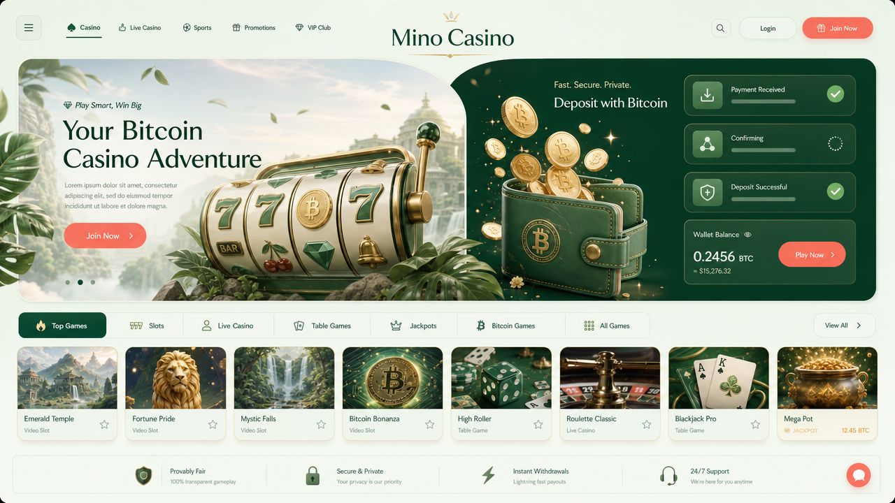 Mino Casino homepage with a Bitcoin wallet widget and slot game tiles