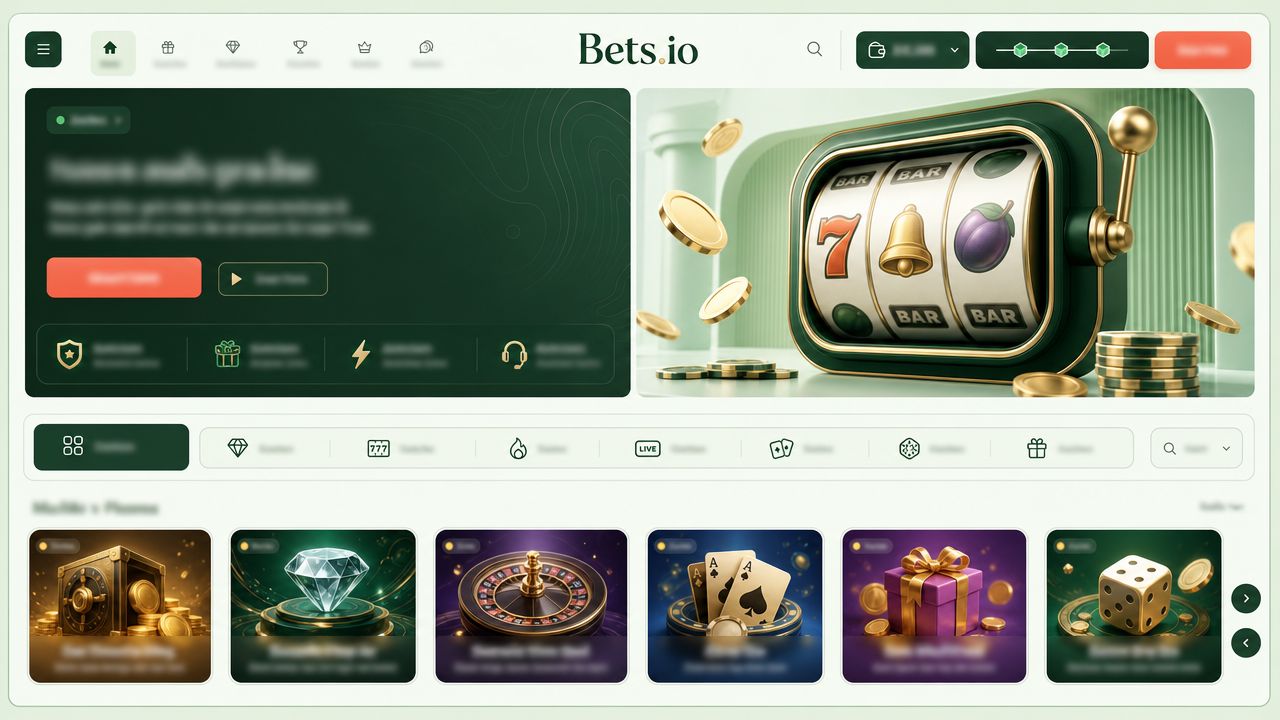 Bets.io Bitcoin casino homepage with game tiles and wallet panel