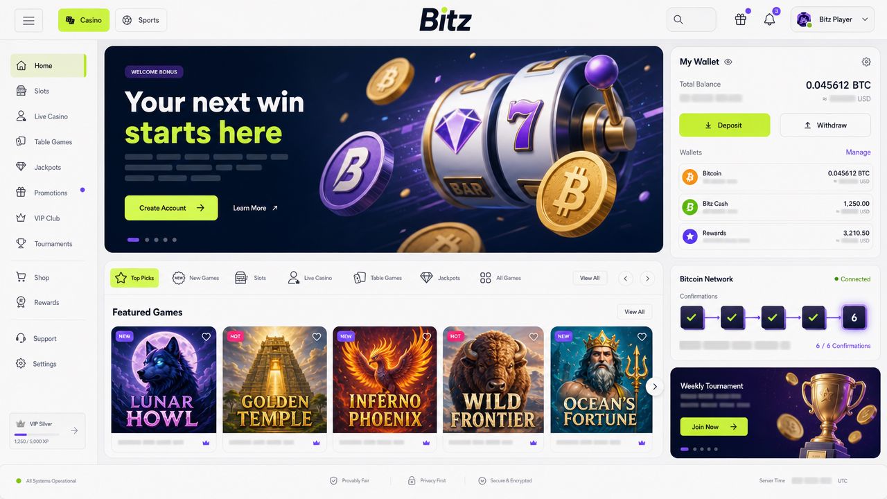 Bitz Bitcoin casino homepage with wallet widget and game tiles